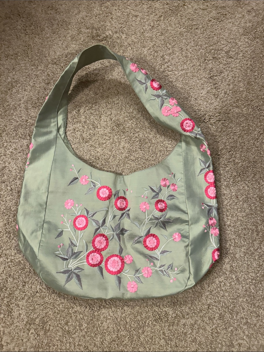 Embroidered Silk Green Floral Hobo Bag - Pink Accents. Never used. Wow!